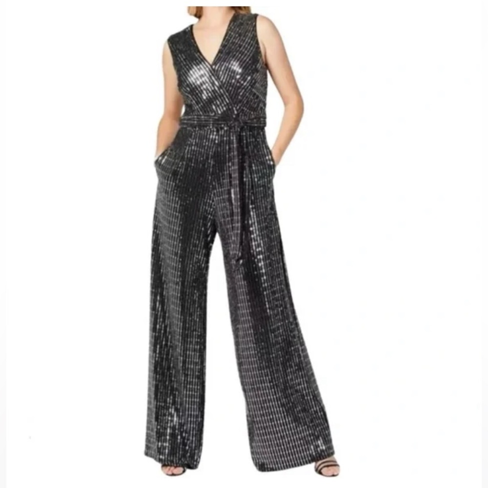 New Donna Ricco Black Sequin Striped Wide Leg Jumpsuit